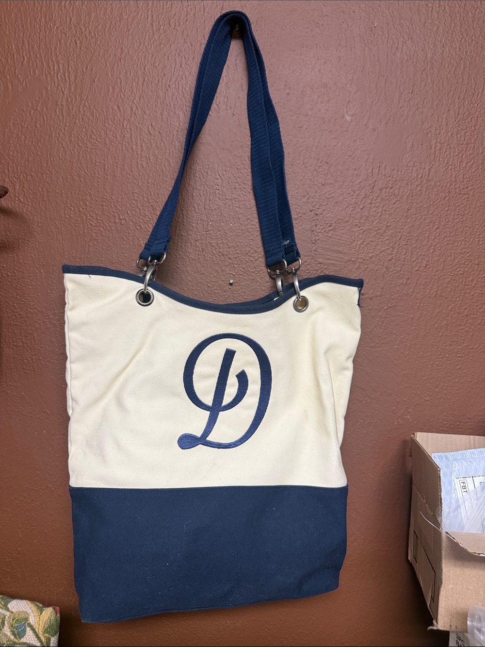 thirty-one Navy and Cream Canvas Tote with Monogram